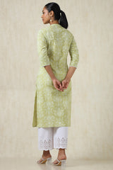 Women's Green Cotton Ethnic Motifs Kurta With Thread Work