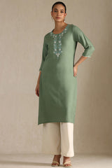 Women's Sap Green Rayon Embroidered Kurta With Thread Work