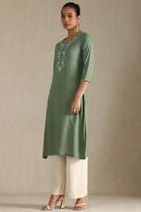 Women's Sap Green Rayon Embroidered Kurta With Thread Work