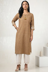 Women's Mustard Cotton Geometric Print Kurta With Tassels