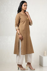 Women's Mustard Cotton Geometric Print Kurta With Tassels