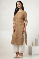 Women's Mustard Cotton Geometric Print Kurta With Tassels
