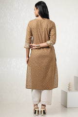 Women's Mustard Cotton Geometric Print Kurta With Tassels