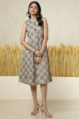 Women's Blue Cotton Blend Ethnic Motif Dress With Tassels