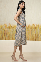 Women's Blue Cotton Blend Ethnic Motif Dress With Tassels
