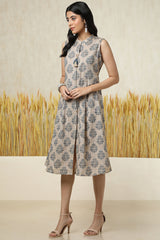 Women's Blue Cotton Blend Ethnic Motif Dress With Tassels