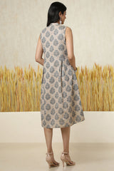 Women's Blue Cotton Blend Ethnic Motif Dress With Tassels