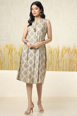 Women's Green Cotton Blend Ethnic Motif Dress With Tassels