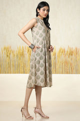 Women's Green Cotton Blend Ethnic Motif Dress With Tassels