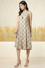 Women's Green Cotton Blend Ethnic Motif Dress With Tassels