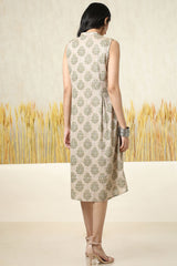 Women's Green Cotton Blend Ethnic Motif Dress With Tassels