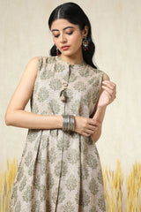 Women's Green Cotton Blend Ethnic Motif Dress With Tassels