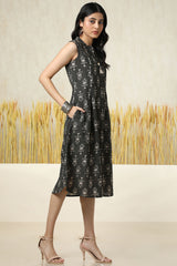 Women's Charcoal Cotton Blend Ethnic Motif Dress With Tassels