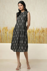 Women's Charcoal Cotton Blend Ethnic Motif Dress With Tassels