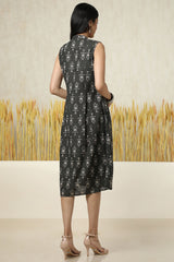 Women's Charcoal Cotton Blend Ethnic Motif Dress With Tassels