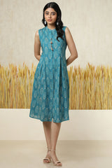 Women's Teal Cotton Blend Floral Print Dress With Tassels