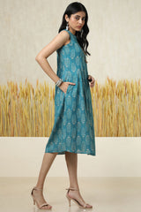 Women's Teal Cotton Blend Floral Print Dress With Tassels