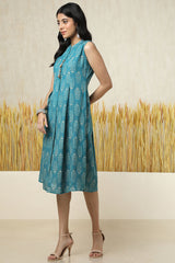 Women's Teal Cotton Blend Floral Print Dress With Tassels