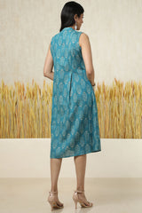 Women's Teal Cotton Blend Floral Print Dress With Tassels