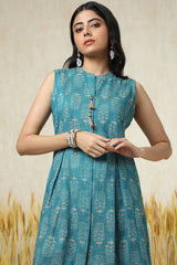 Women's Teal Cotton Blend Floral Print Dress With Tassels