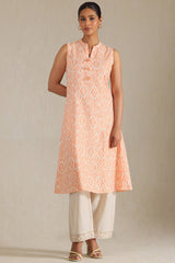 Women's Orange Linen Ikat Print Kurta With Tassels