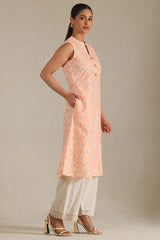 Women's Orange Linen Ikat Print Kurta With Tassels