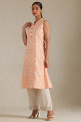 Women's Orange Linen Ikat Print Kurta With Tassels