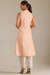 Women's Orange Linen Ikat Print Kurta With Tassels