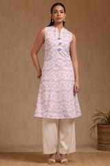 Women's Purple Linen Ikat Print Kurta With Tassels