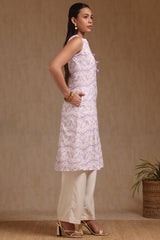 Women's Purple Linen Ikat Print Kurta With Tassels