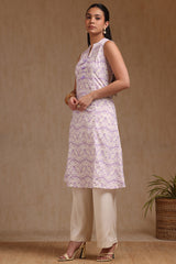 Women's Purple Linen Ikat Print Kurta With Tassels