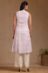 Women's Purple Linen Ikat Print Kurta With Tassels