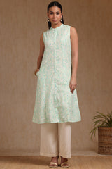 Women's Green Linen Ikat Print Kurta With Tassels