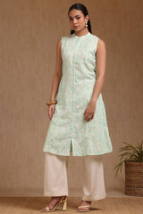 Women's Green Linen Ikat Print Kurta With Tassels