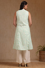 Women's Green Linen Ikat Print Kurta With Tassels