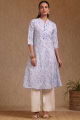 Women's Blue Linen Geometric Print Kurta With Tassels