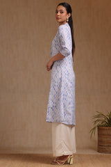 Women's Blue Linen Geometric Print Kurta With Tassels