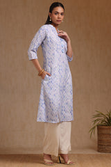 Women's Blue Linen Geometric Print Kurta With Tassels