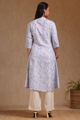 Women's Blue Linen Geometric Print Kurta With Tassels