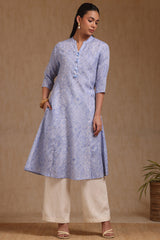 Women's Blue Linen Ethnic Motif Kurta With Tassels