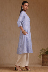 Women's Blue Linen Ethnic Motif Kurta With Tassels
