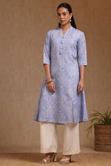 Women's Blue Linen Ethnic Motif Kurta With Tassels