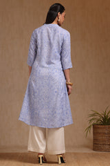 Women's Blue Linen Ethnic Motif Kurta With Tassels