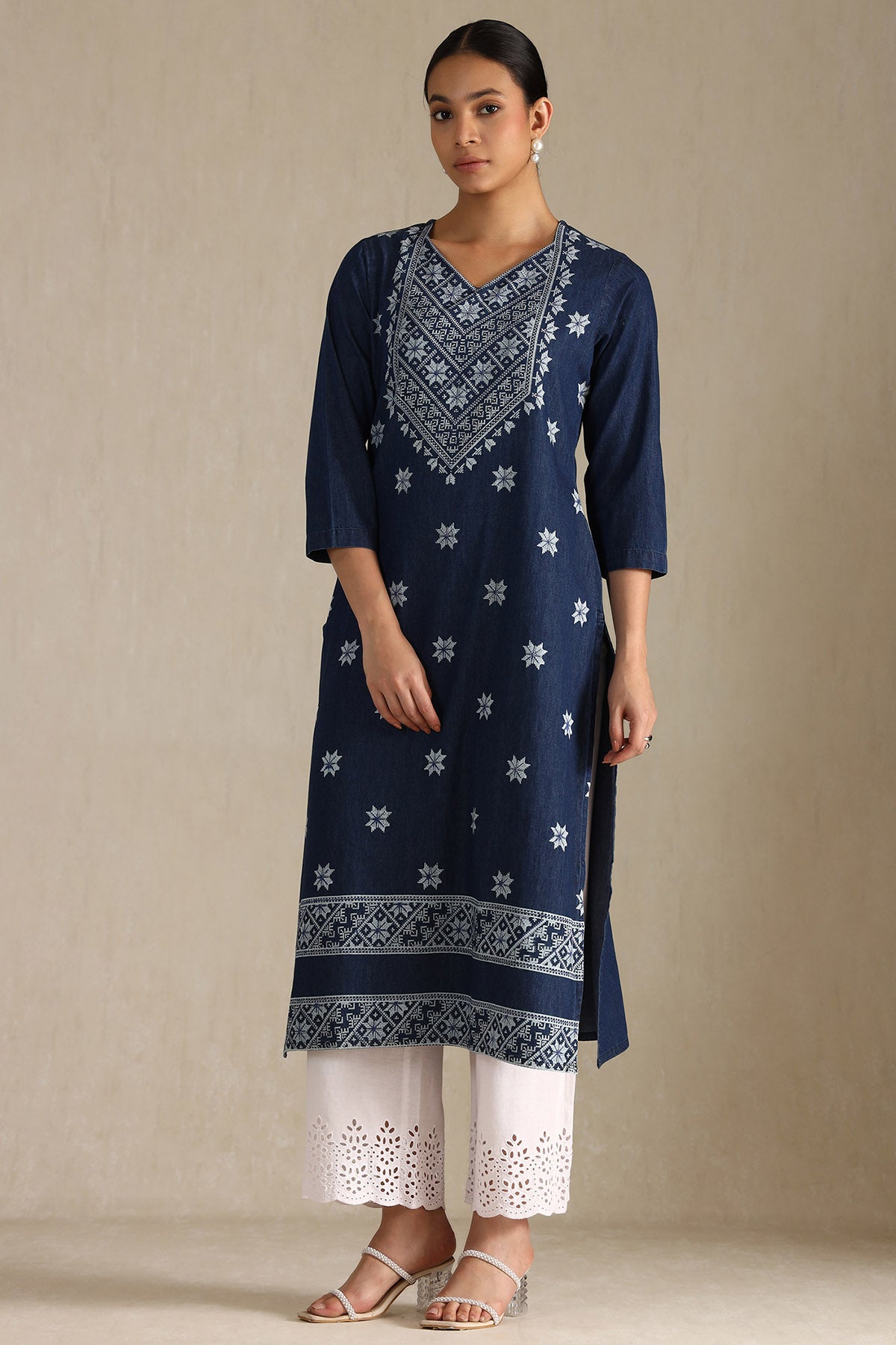 Women's Indigo Denim Geometric Print Kurta