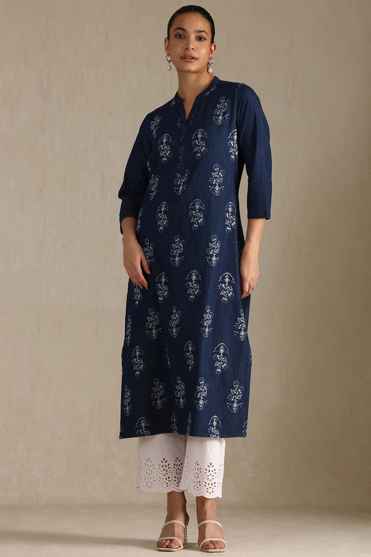 Women's Indigo Denim Floral Print Kurta
