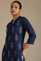 Women's Indigo Denim Floral Print Kurta