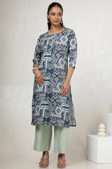 Women's Blue Rayon Ethnic Motifs Kurta