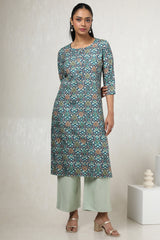 Women's Teal Rayon Ethnic Motifs Kurta