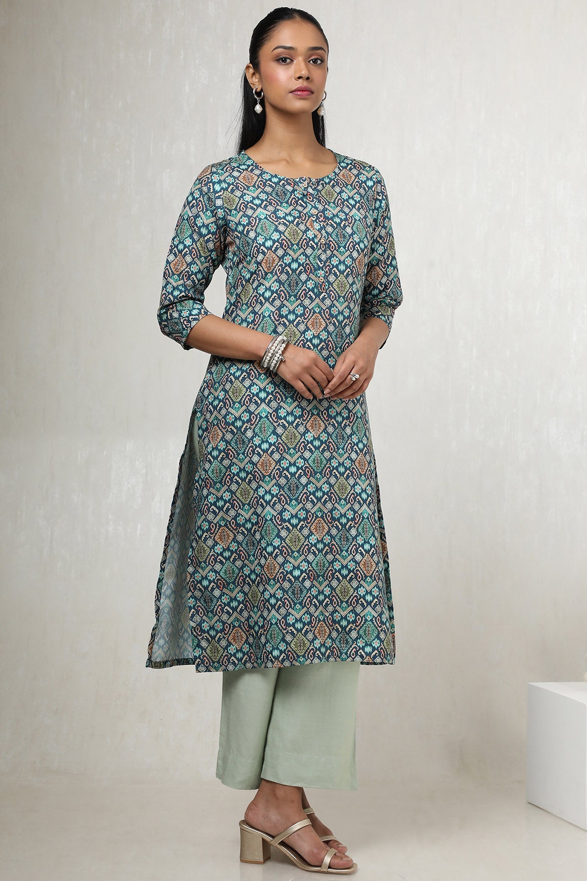 Women's Teal Rayon Ethnic Motifs Kurta