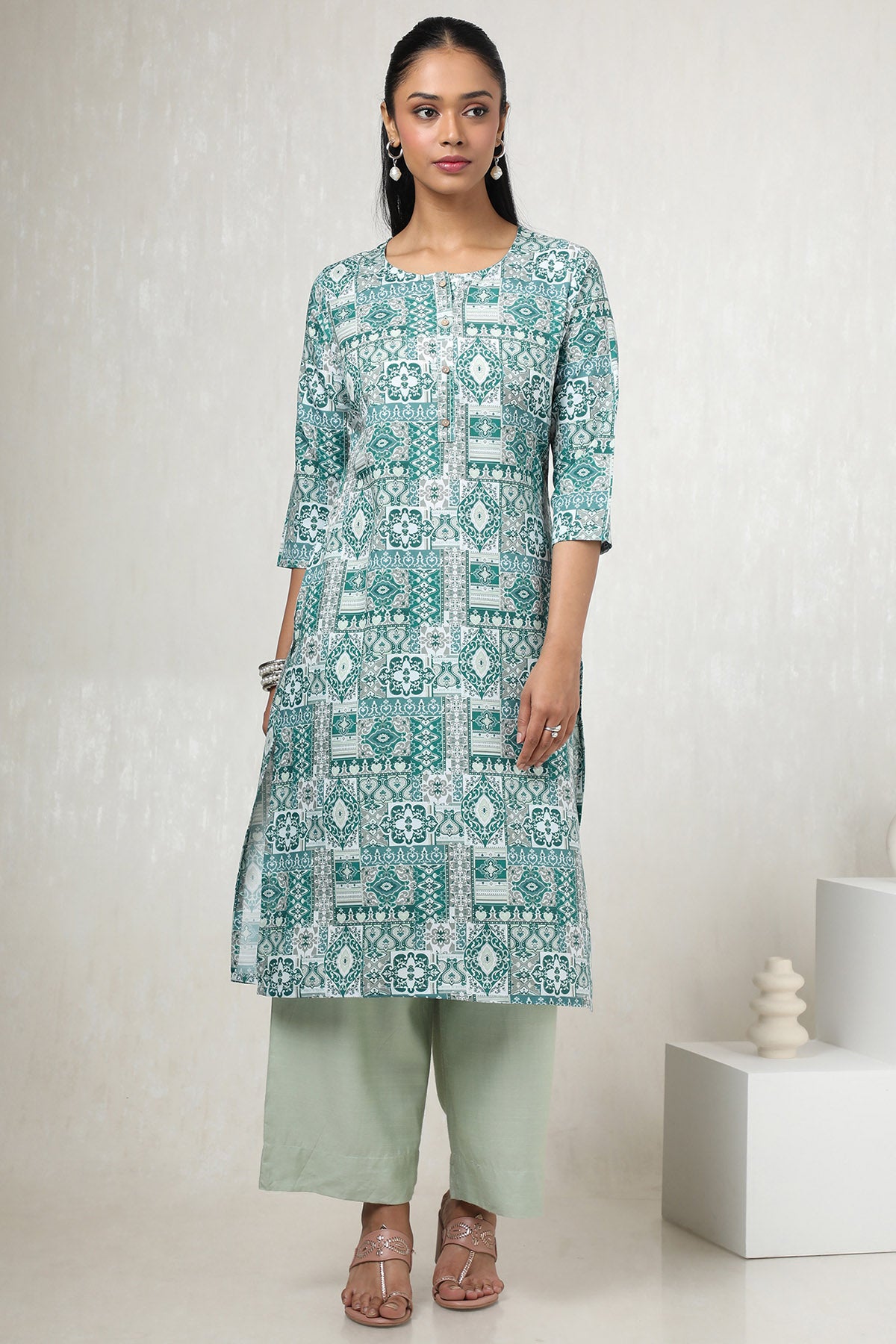Women's Teal Rayon Ethnic Motifs Kurta